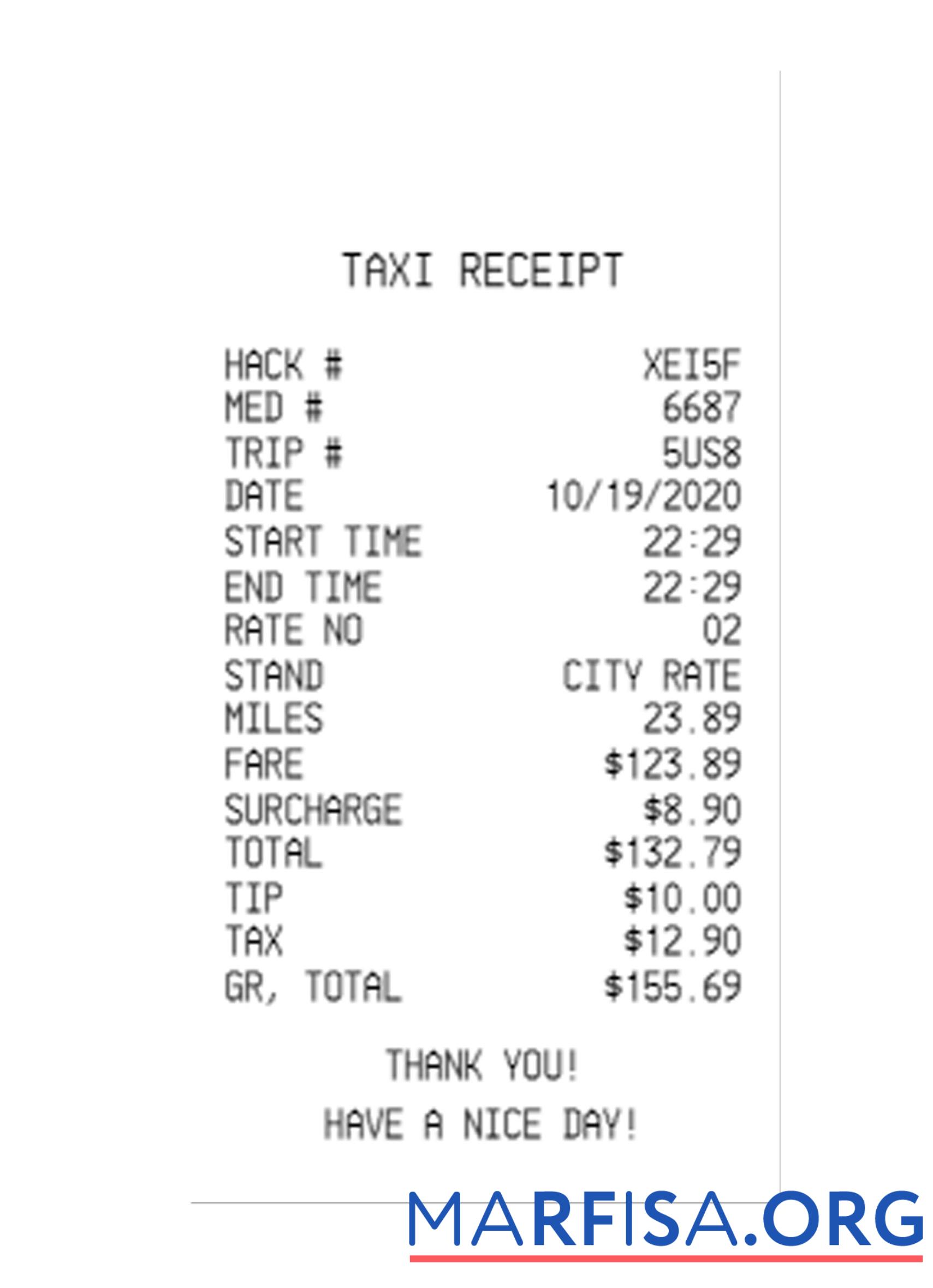Printable TAXI payment receipt sample